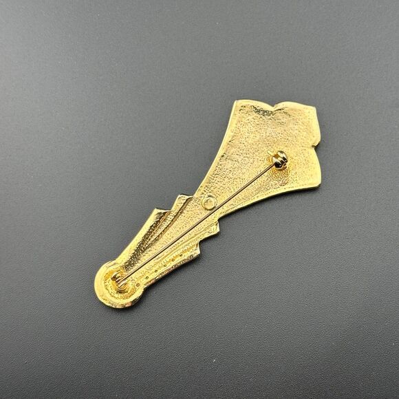 Vintage Art Deco Style Gold-Tone Brooch w Sparkly Rhinestones Black Enamel 3.2" - Picture 4 of 9